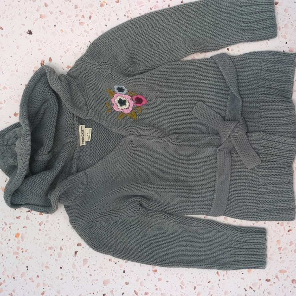 Cherokee | Embroidered Blue-Grey Cardigan Sweater with Hood | 4T